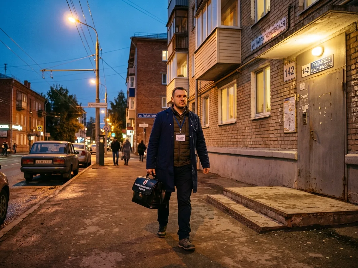 Врач-нарколог с медицинским чемоданом подходит к жилому дому в вечернем городе Самара, профессиональный уверенный вид, тёплое уличное освещение